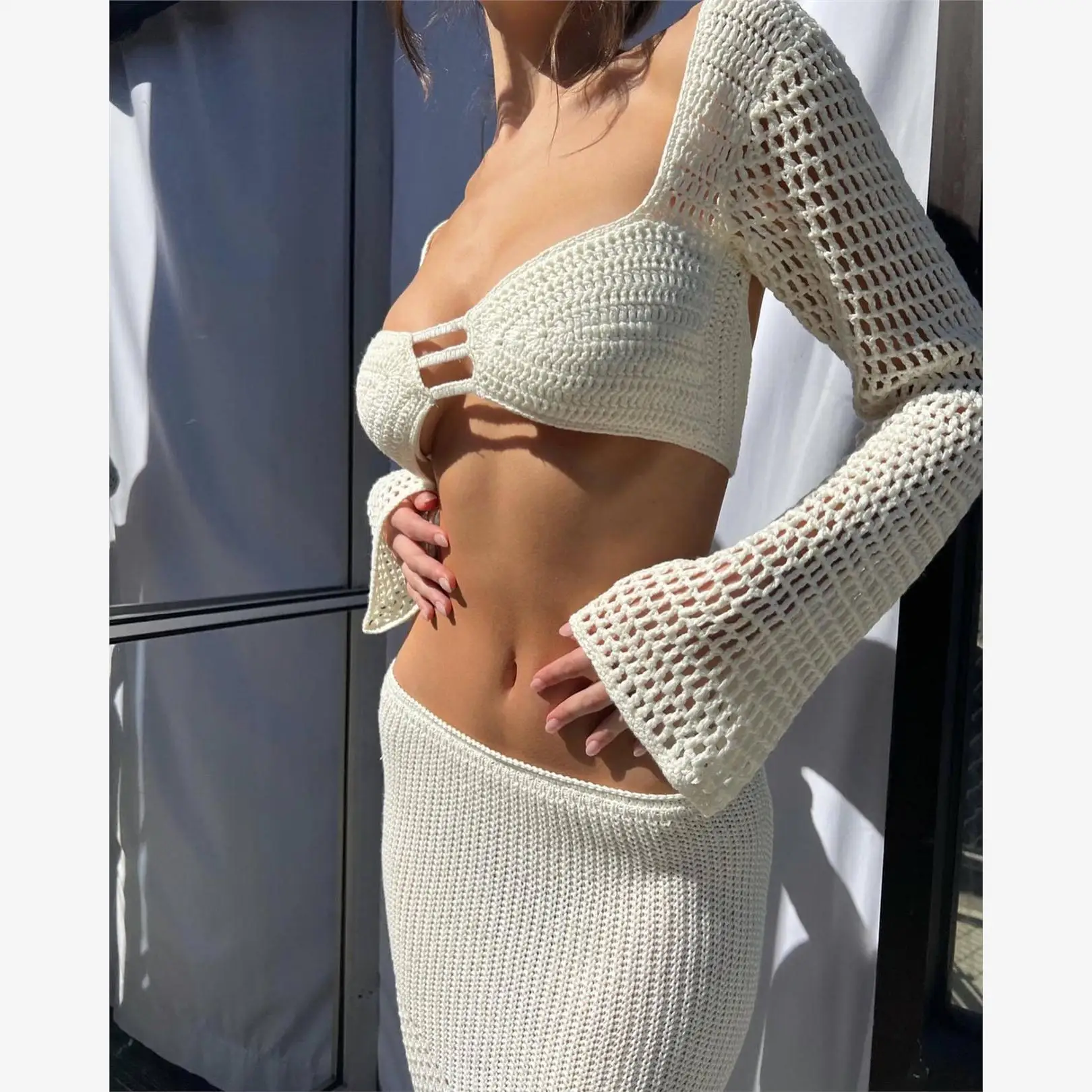 

Beach Vaion Casual Long Knitted Dr Set with Rope Ties Wrap around Body Long Sves Faionable Women's Ensemble