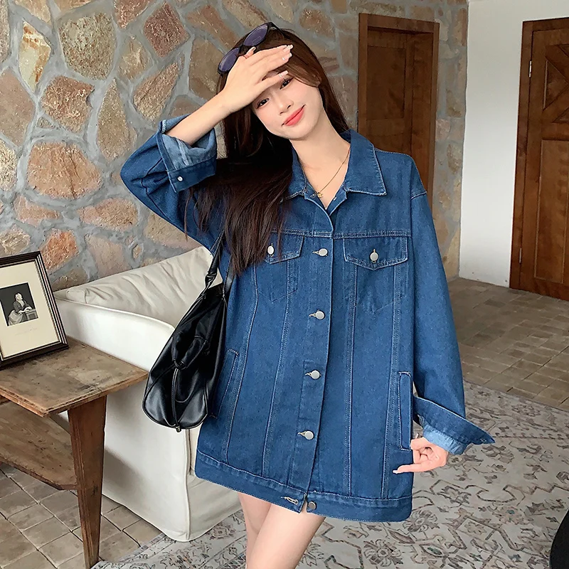 GIDYQ Vintage Denim Jacket Women Korean Loose Sash Tie Up Mid Length BF Denim Coat Y2k High Street Casual Chic Tops Autumn New