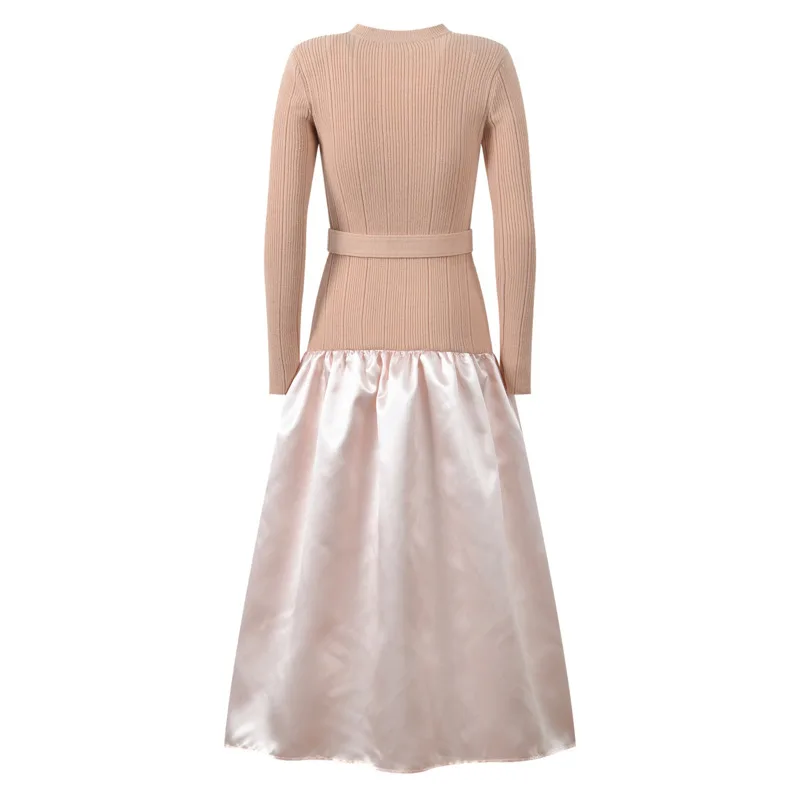 LEOSOXS Women's Blush Knit & Satin Dress Belted Waist Metal Button Pockets For Office Brunch Elegant Special Occasions 2025