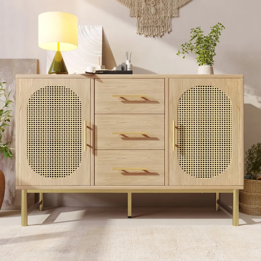 Rattan sideboard with 3 drawers and 2 rattan doors, dresser, dressing table, for bedroom and living room, adjustable she