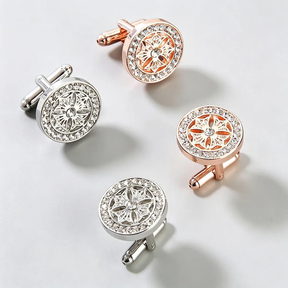 Classic Floral Engraved Design Cufflinks for Men Luxury Sparkling Rhinestone Decorative Round Cuff Links Formal Dress Jewelry