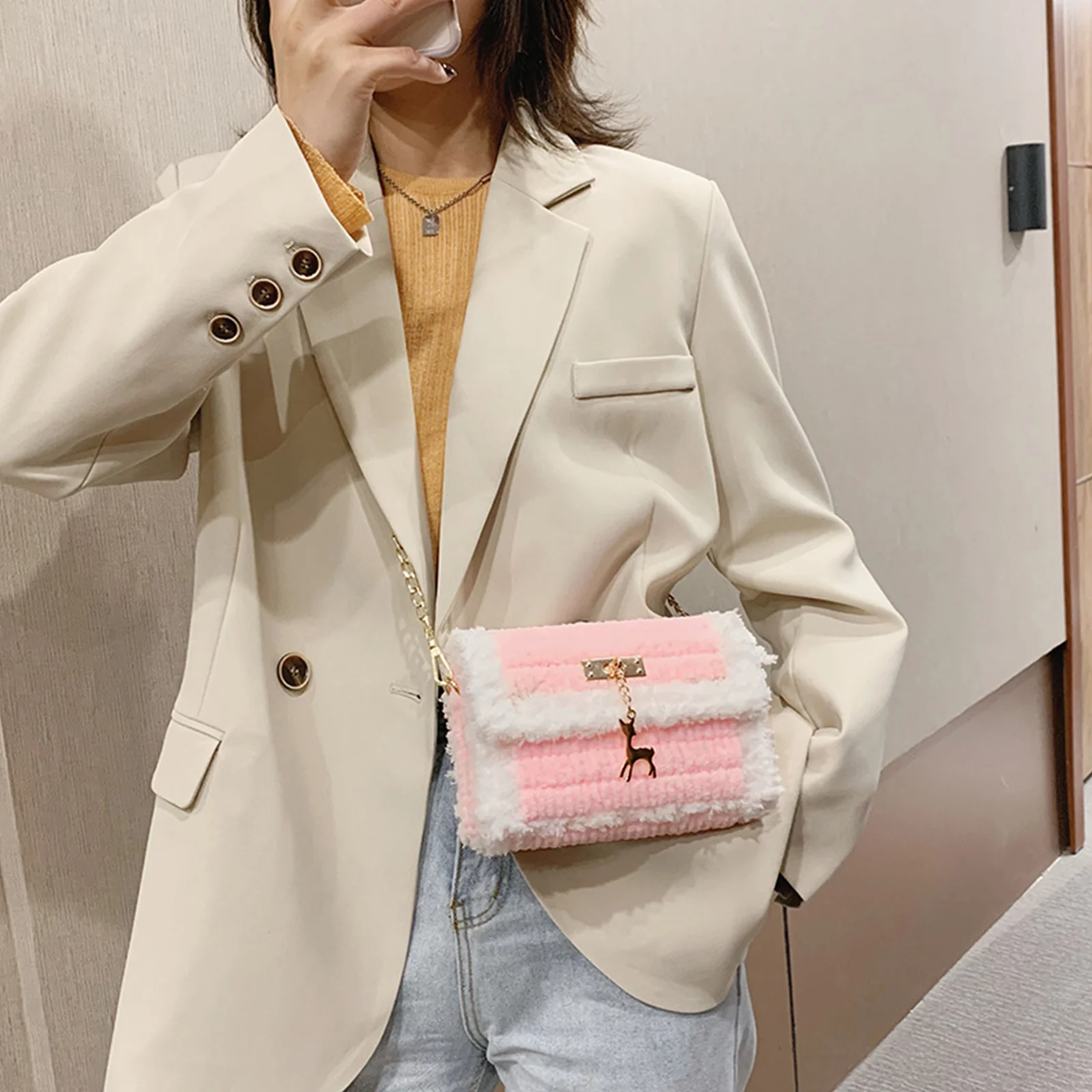 

1 Set Diy Knitting Material Kit Lovely Deer Pendant Handmade Woven Bag For Women Cross Stitch Purse Making Supplies Sewing Pouch