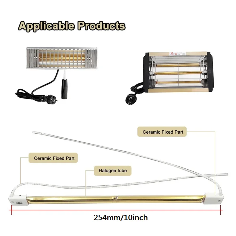 HoneyFly lampu Halogen inframerah emas, 254mm 220V 1000W dengan kabel pemanas Spiral tunggal untuk pengering pemanas tabung Quartz