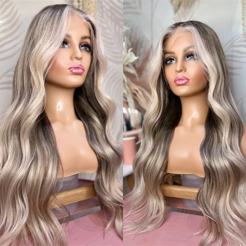 

Длинный парик с волнистыми локонами 13x4, с центральным пробором, омбре, пепельно-коричневый, синтетический, HD, с кружевной передней частью, без клея, с предварительно проработанной линией роста волос, как еврейский парик