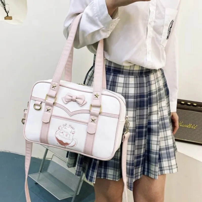 الحلو لطيف القوس حقائب كتف المرأة جلدية سعة كبيرة حقيبة يد أفقية المرأة اليابانية Harajuku التطريز حقائب كروسبودي #2