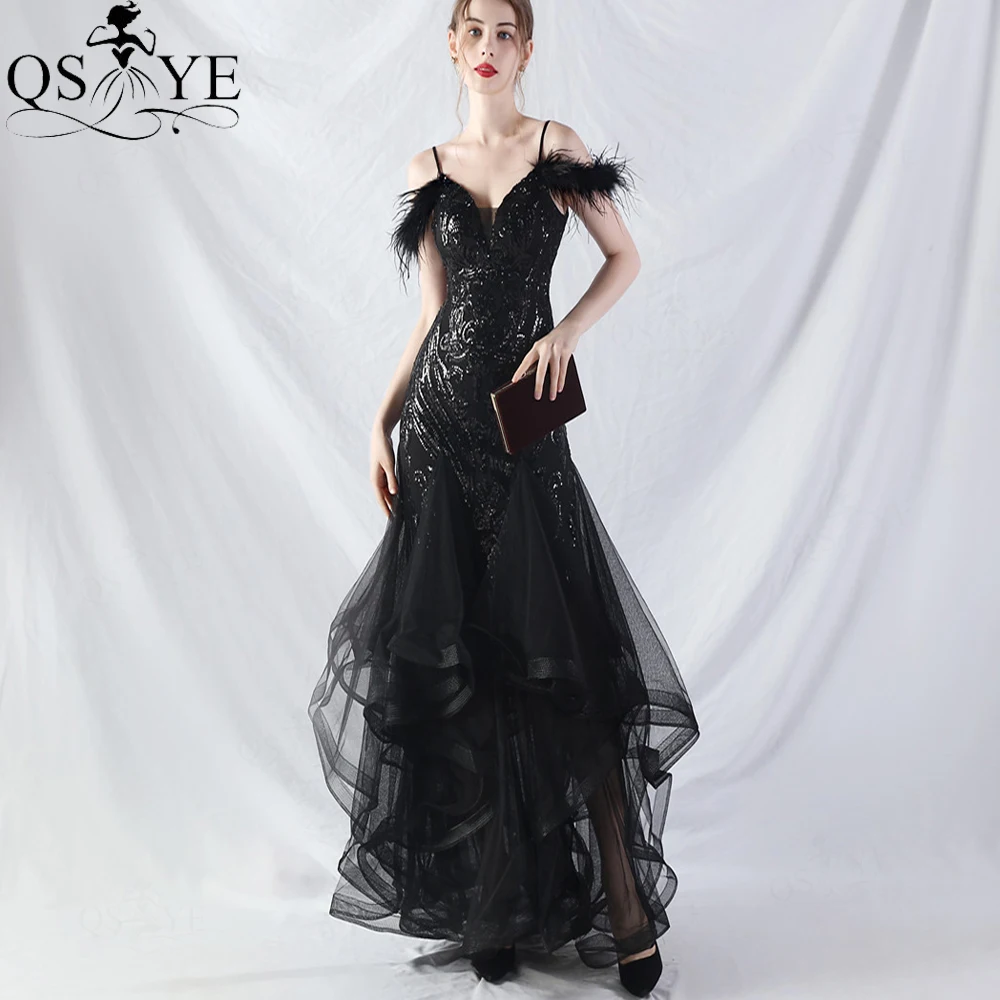 Ostrich Fur Black Evening Dress Ruffles Sequin Mermaid Woman Formal Dress Spaghetti Straps Pattern Lace V neck Black Prom Gown