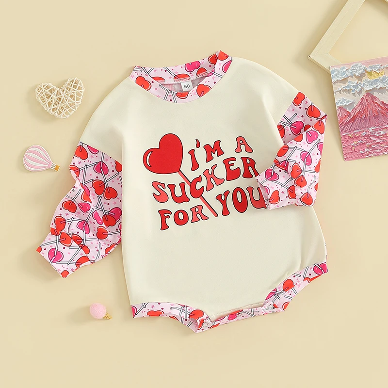 2023-11-14 Lioraitiin 0-18M Baby Girls Valentine's Day Romper Letter Heart Lollipop Print O-Neck Long Sleeve Bubble Jumpsuit