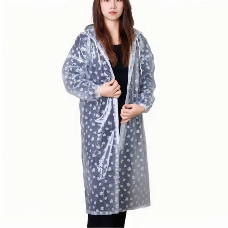 

Men Women Fashion Transparent PVC Printed Loose Plastic Hooded Zipper Raincoat Outdoor Hiking Waterproof Rain Coat Poncho