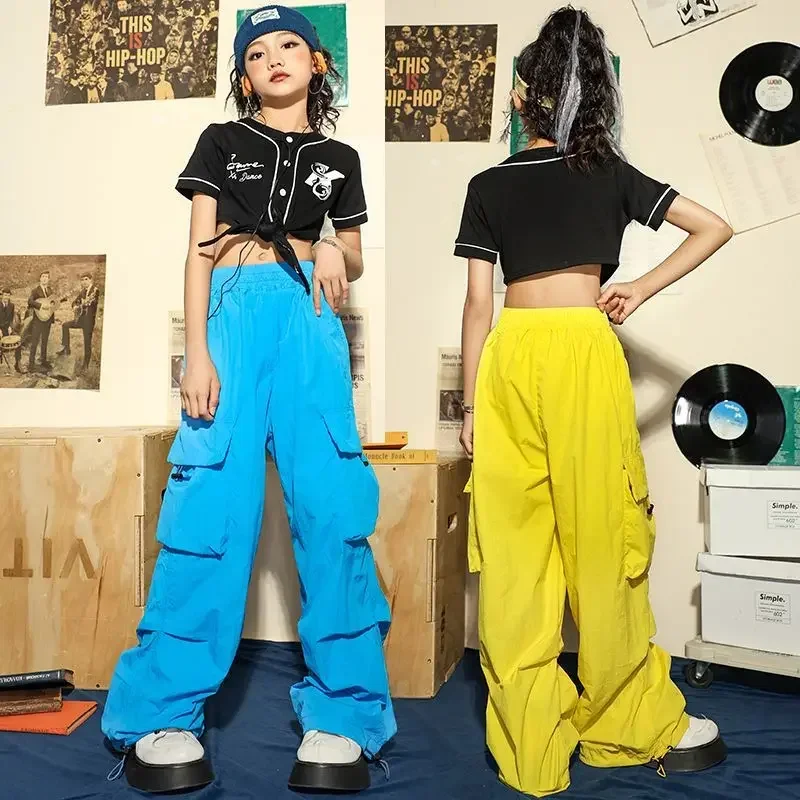 Teenage Girls Hip Hop Sweat Pants Yellow Cargo Pants for Kids New Fashion Summer Streetwear Skateboarding Jazz Dance Costume