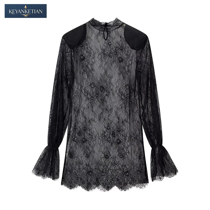 KEYANKETIAN 2026 Summer Elegant Floral Lace Sheer Blouse Mock Neck Shoulder Pad Flare Long Sleeve Scalloped Hem Party Top