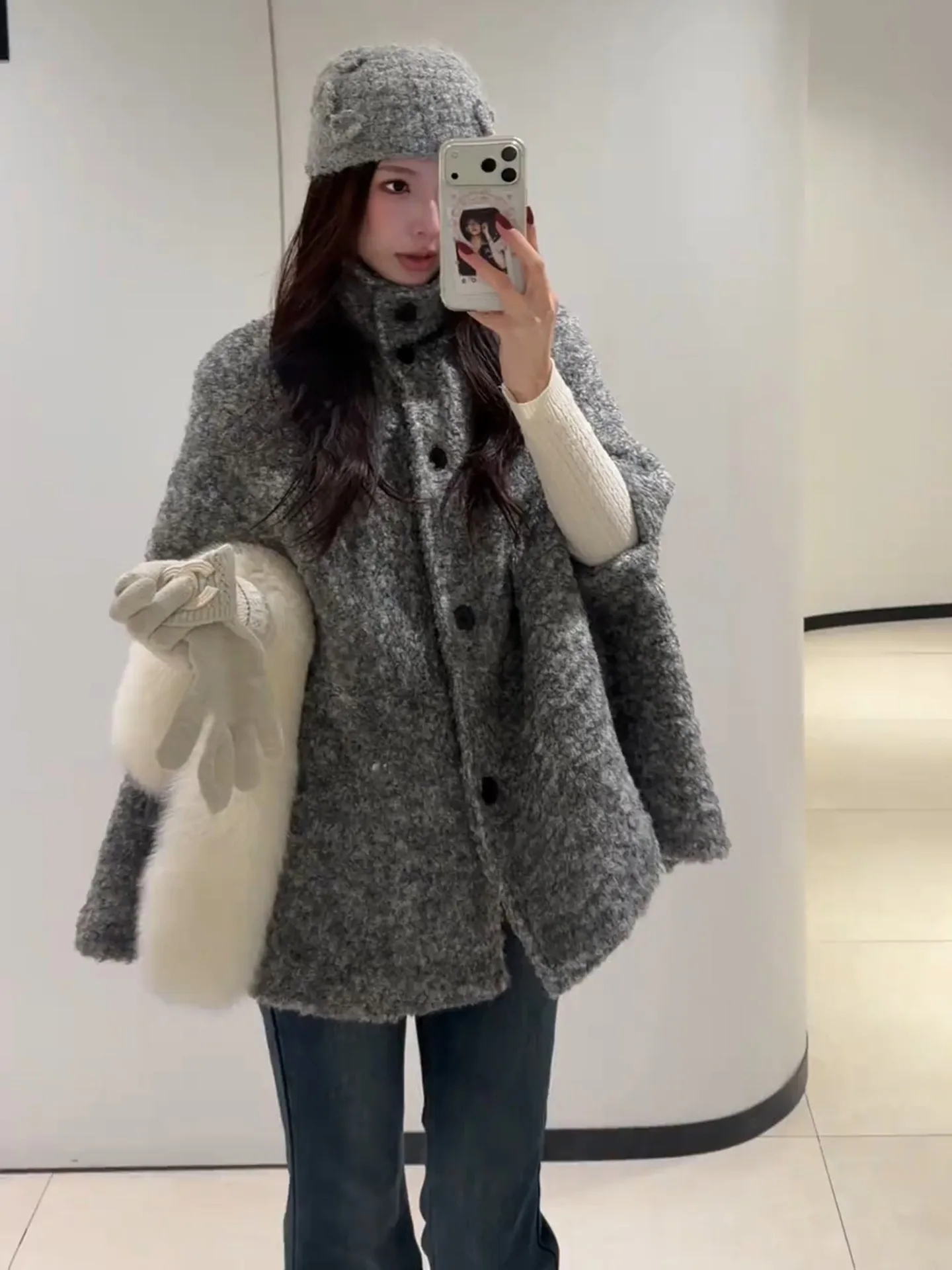 

Grey Woolen Coat Women's Cowl Neck Wrap Shoulder Outerwear Autumn Winter New Style Rich Girl Fashion High Waist Design