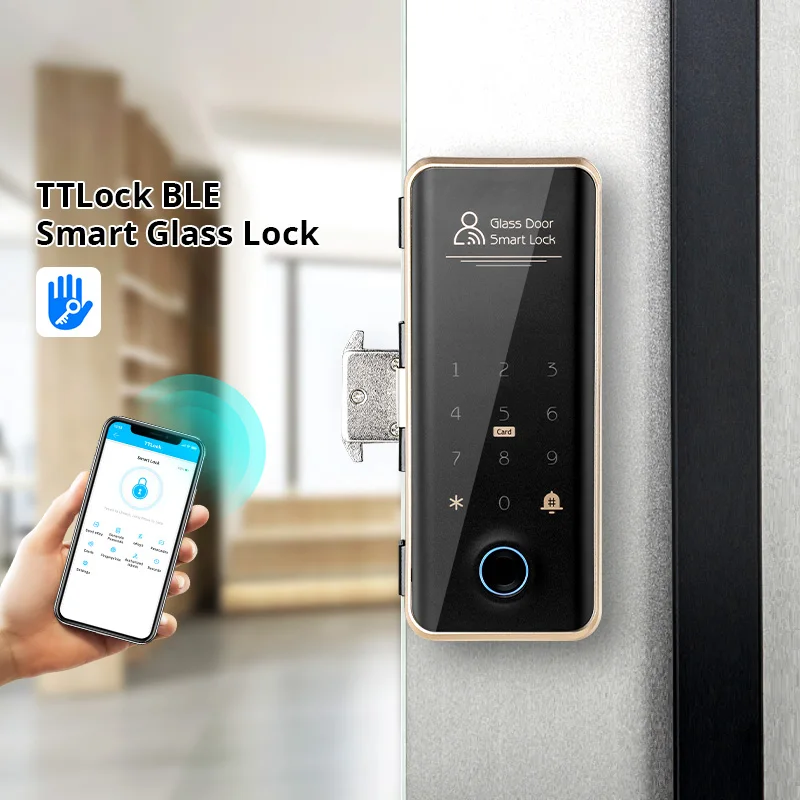 

Electronic Lock for Glass Door Ttlock App Fingerprint Smart Electronic Digital Aluminum Hook Frameless Frame Lock with Doorbell