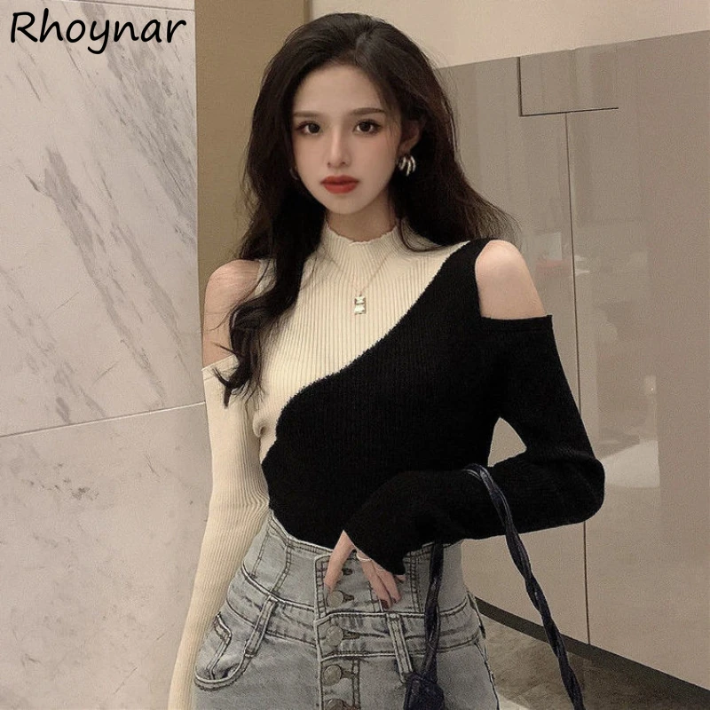 

Pullover Sweater Ladies Mock-neck Off-shoulder Panelled Spring Elegant Korean Style Temperament Advanced Slim Fashion Short Top