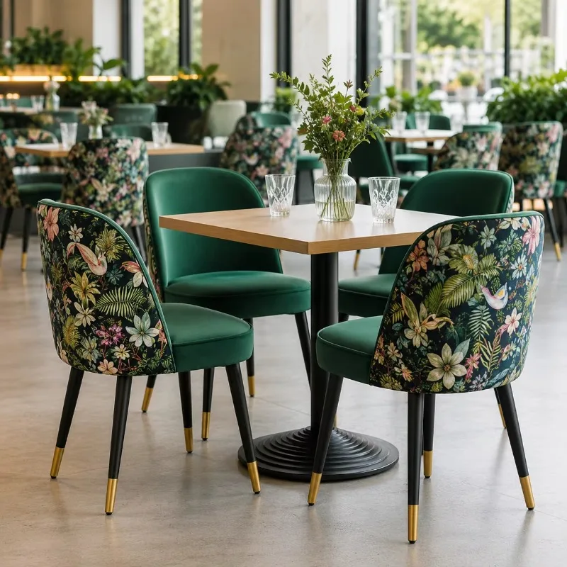 Modern Velvet Dining Chair With Tropical Print Backrest and Black Metal Legs for Commercial Restaurant Hotel Cafe