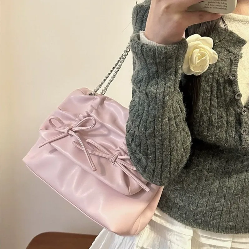 JIAERDI Sweet Bow Pink Shoulder Bags Women Fairy Core Chain Chic Y2k Handbag Female Lolita Harajuku Messenger Bag Aesthetic