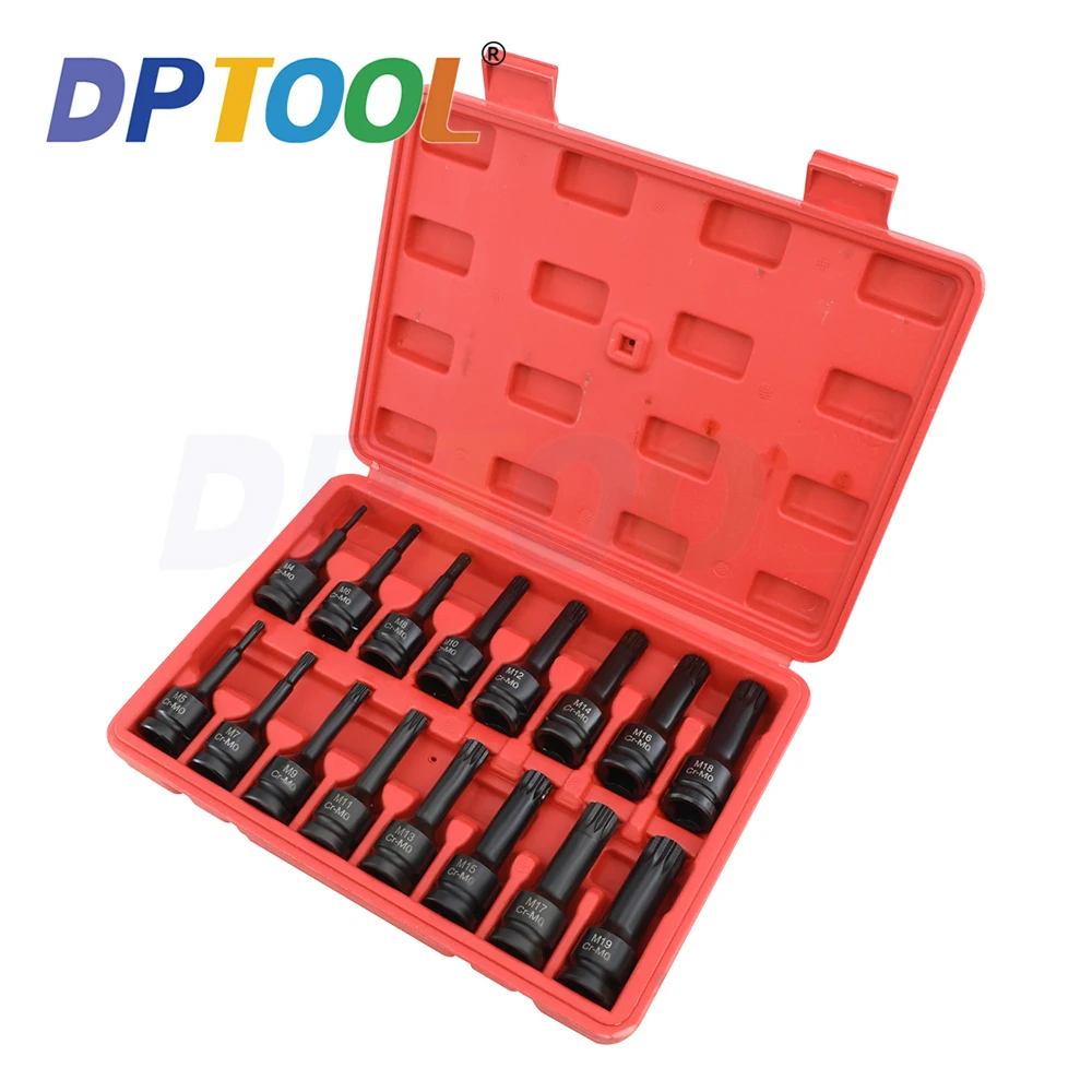 16 PCS 1/2 Impact Socket Spline Bit Set 1/2 Drive Master Impact Torx Star Bit Set M4 - M19 CR-MO