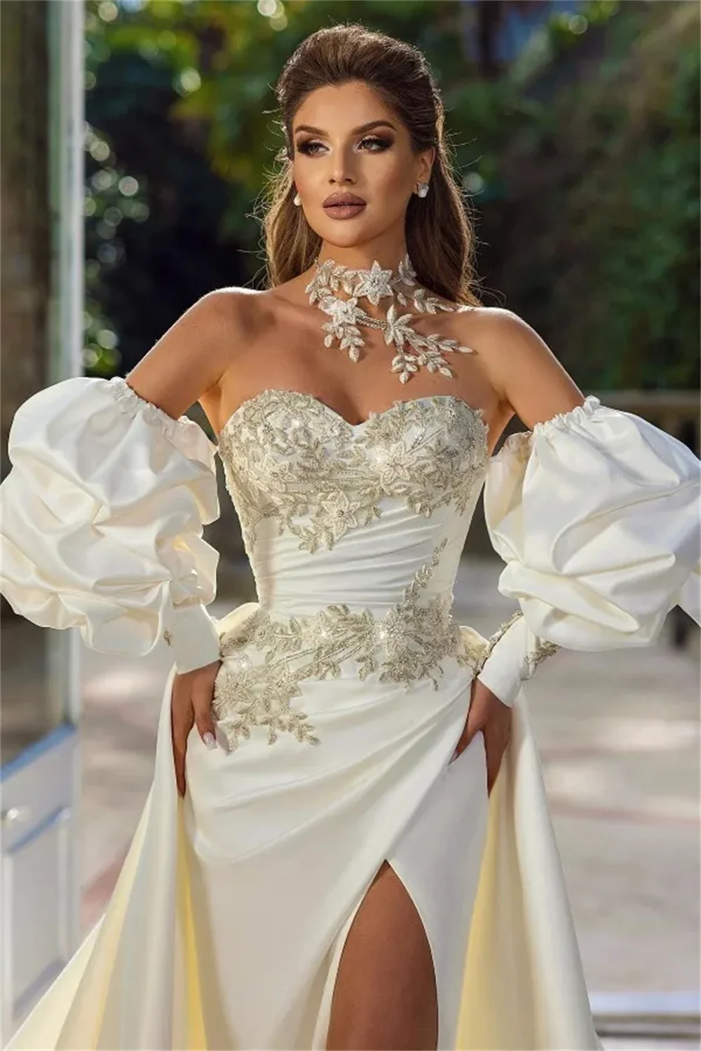 Custom Lace Appliques Long Sleeves Wedding Dress Pleated Ball Gown Vestido De Novia Bride Dress Gowns Vintage Marriage Vestidos