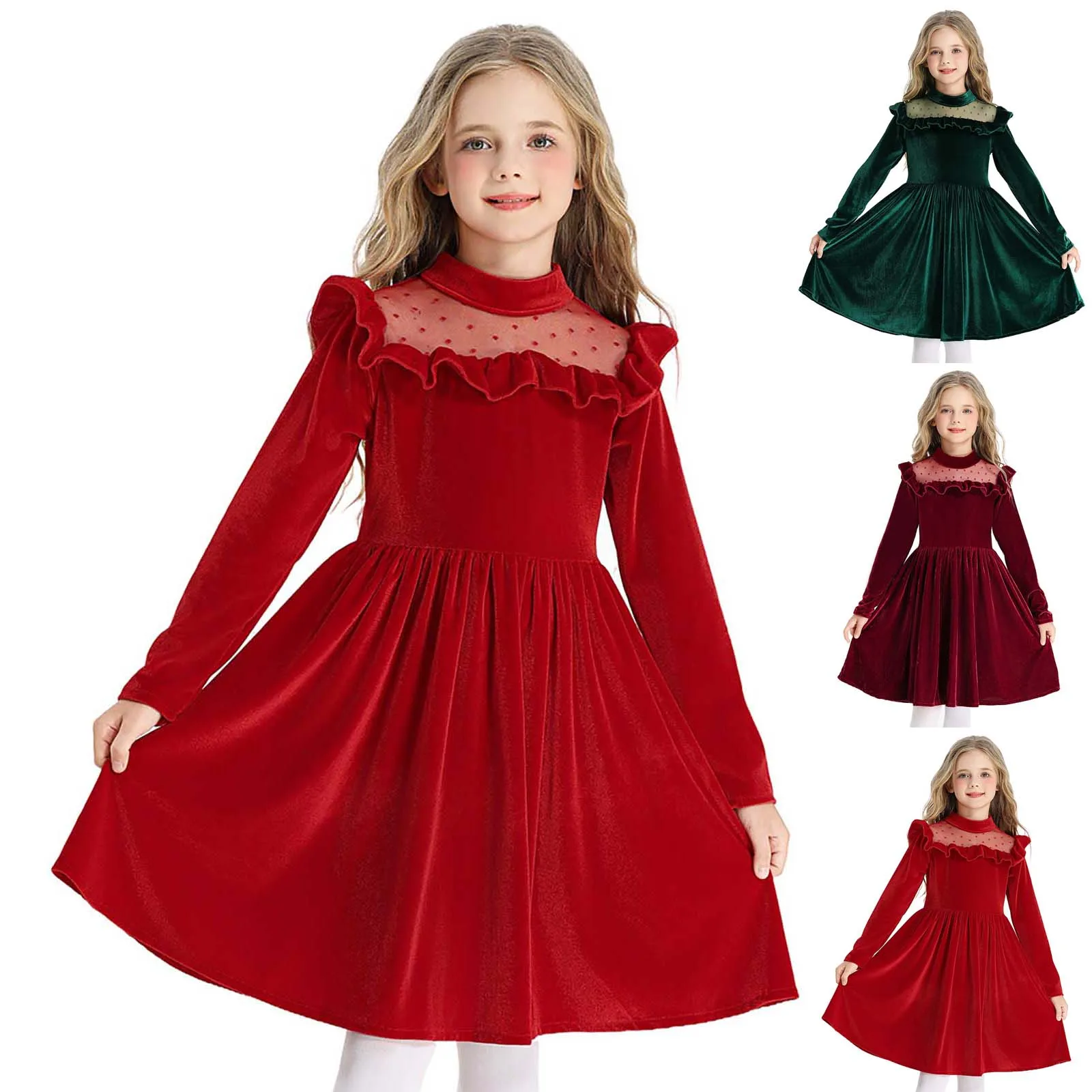 

Toddler Girls Dress Ruffled Edges Long Sleeve Fashionable Christmas Performance Costume Princess Dresses Girls Party Dresses