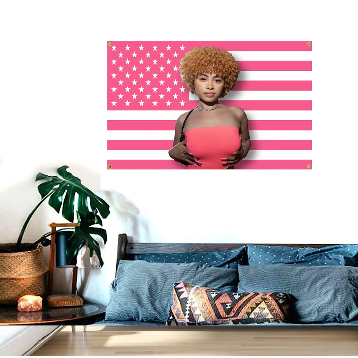 Ice Spice Tapestry Wall Tapestry Ice Spice American Flag Pink Tapestry 3x5Fts 90X150cm with 4 Brass Gromments