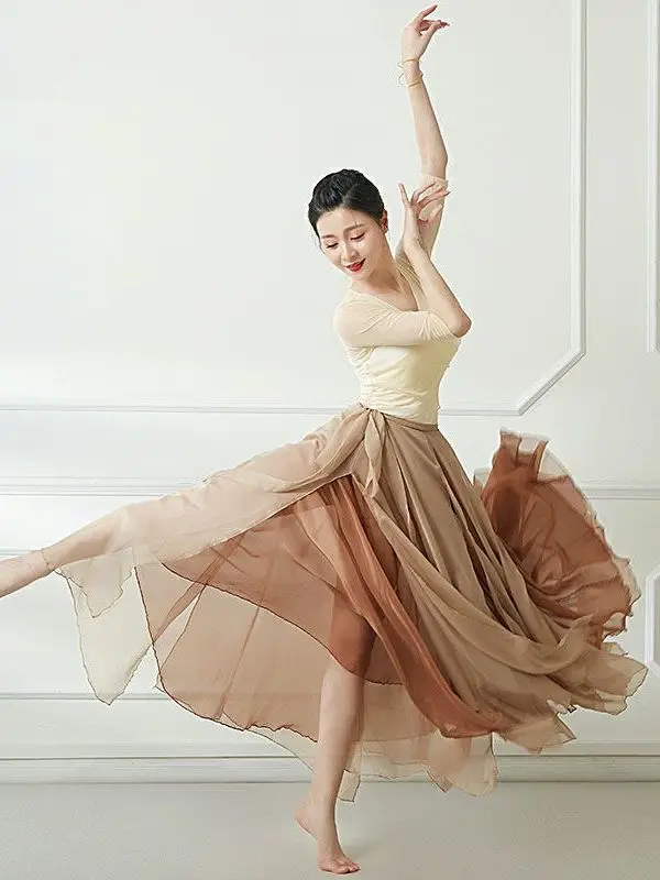 Classical Dance One Piece Tie Up Double Layer Swing Skirt 720 Degrees Two Color Tie Up Dance Tencel Half Body Chiffon Set