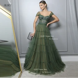 OLOEY Elegant Dark Green Tulle Prom Evening Dresses Women Shiny Applique Lace Tiered Long Formal Occasion Wedding Party Dress