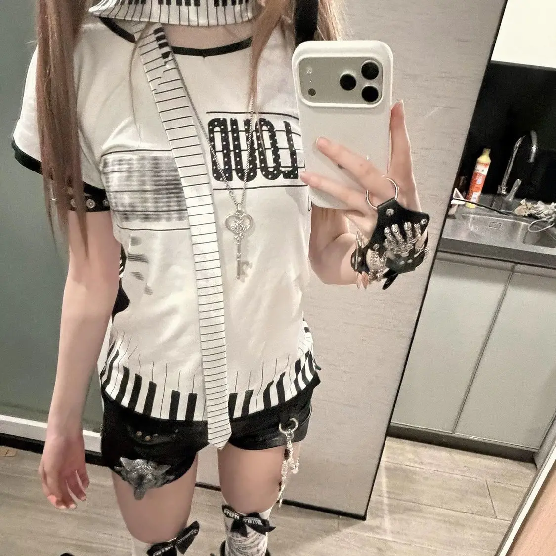 Y2k Visual Kei Polka Dot Vneck Slim Fit Square Shoulder Short Sleeve Tops Women Piano Print Loud Tops Casual Summer Streetwear