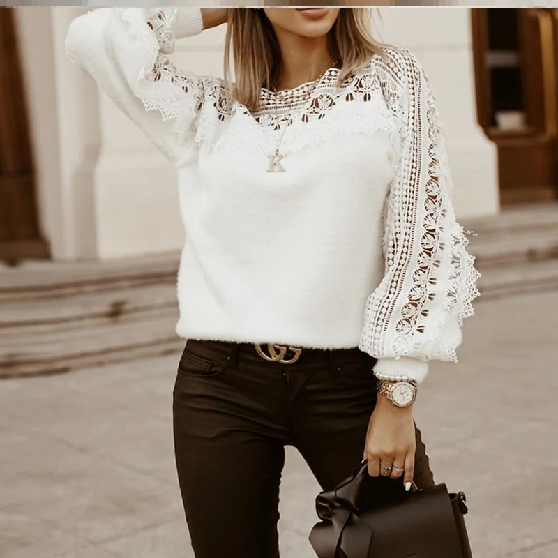 

Women's Hollow Pattern Lantern Sve Sweater Woolen Knitted Long Sve Crew Ne ort Sle Thin Autumn Faion Commute