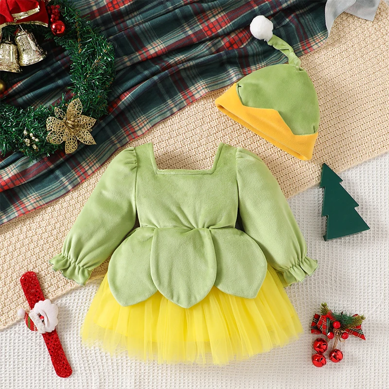 2024-08-19 Lioraitiin Baby Girls Christmas Dress Embroidered Layered Tulle Patchwork Long Sleeve Dress Princess Dress with Hat