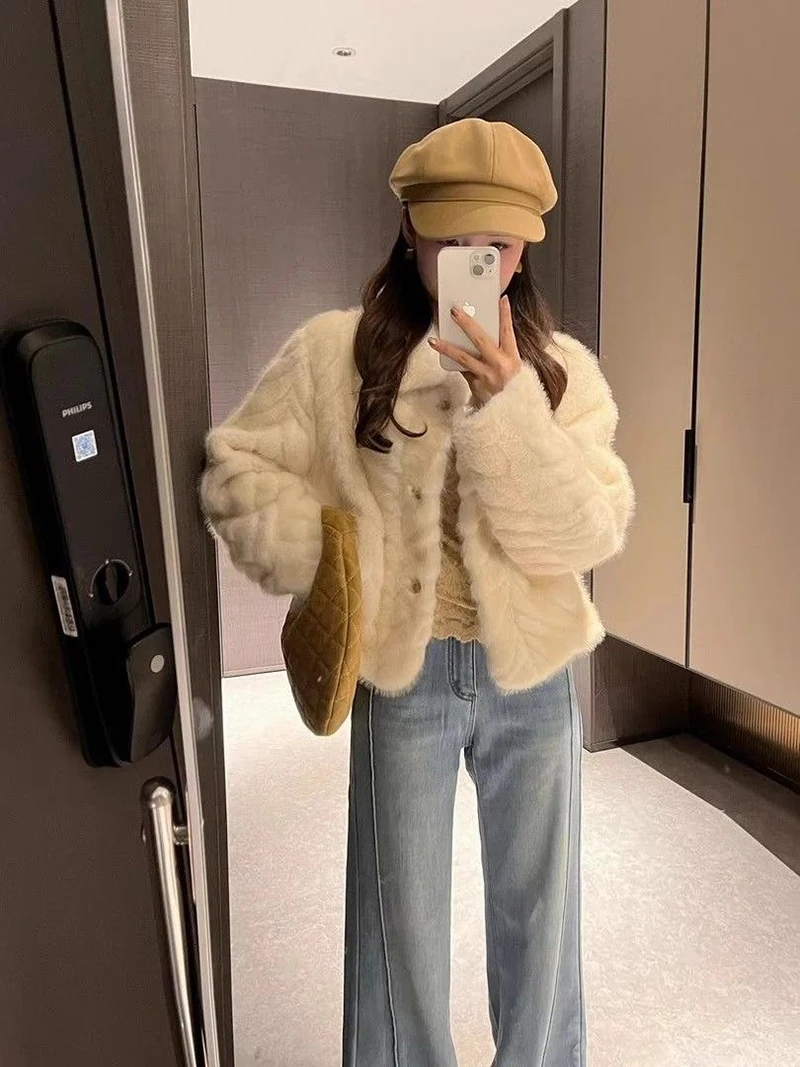 Chic Cream Women Faux Fur Jacket Lapel Collar Button Down Coat Long Sleeve Cropped Loose Luxury Cozy Winter Outerwear Top