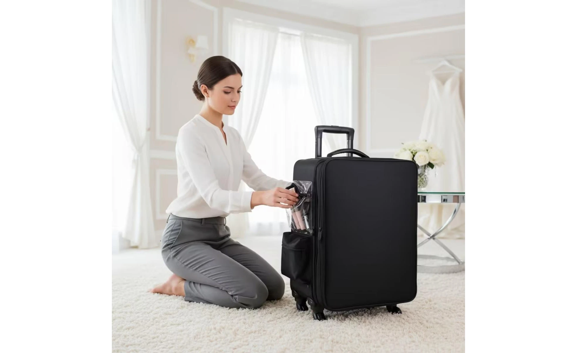 Makeup Case with Rotating Wheels Hard-Sided Sminkkoffert Med Hjul Sminkväska På Hjul Multi-Compartment Cosmetic Trolley Zippered
