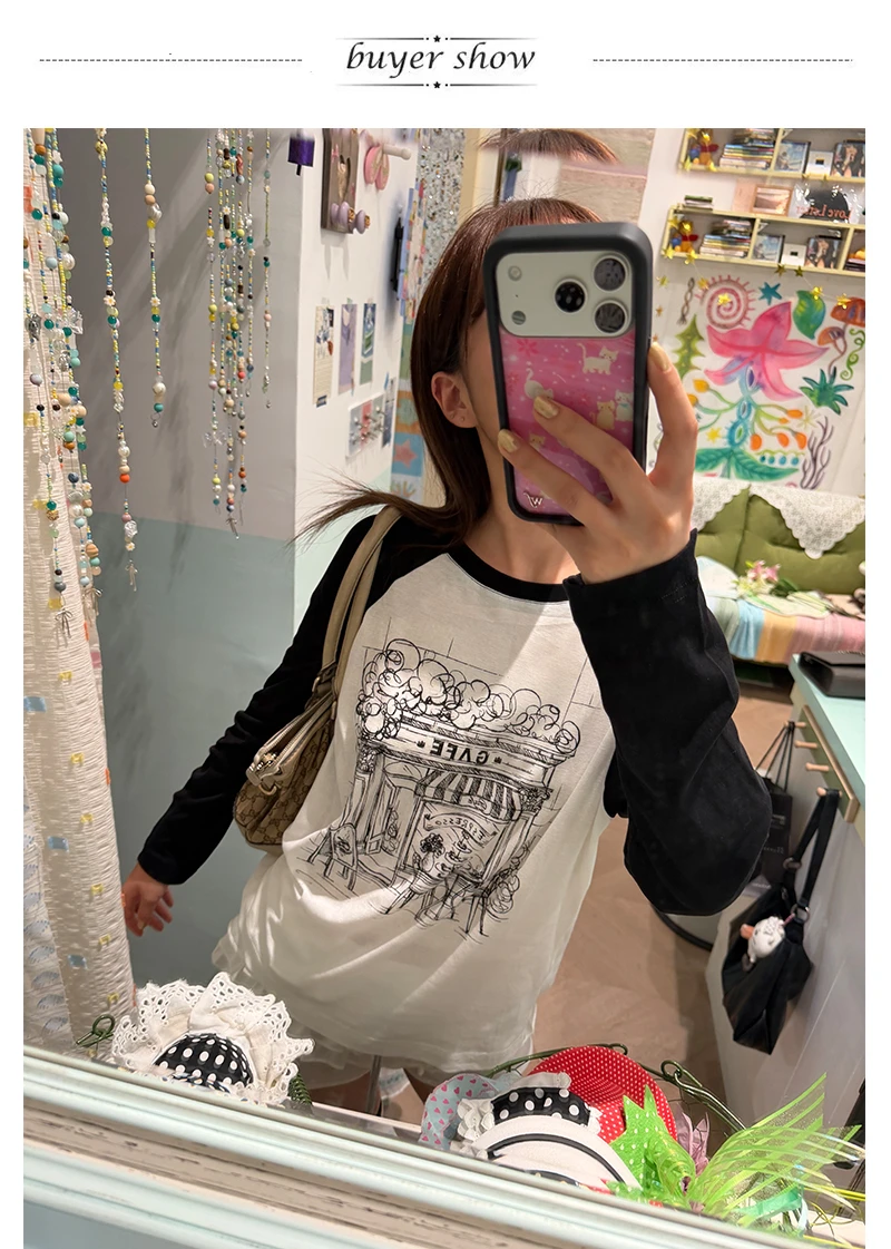 Karrram Japanisches Y2k-T-Shirt mit handgezeichnetem Muster, 2000er-Jahre-Stil, langärmeliges Patchwork-Oberteil, Vintage-Harajuku-Streetwear, amerikanischer Retro-Look. – Detail 2