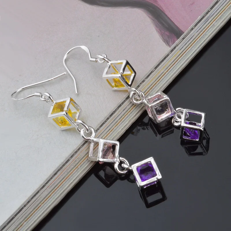 Elegant Fashion Geometric Cubes Dangle Multicolor Zircon Ear Hook Earrings for Women Valentines Day Gift Jewelry Pendiente Mujer