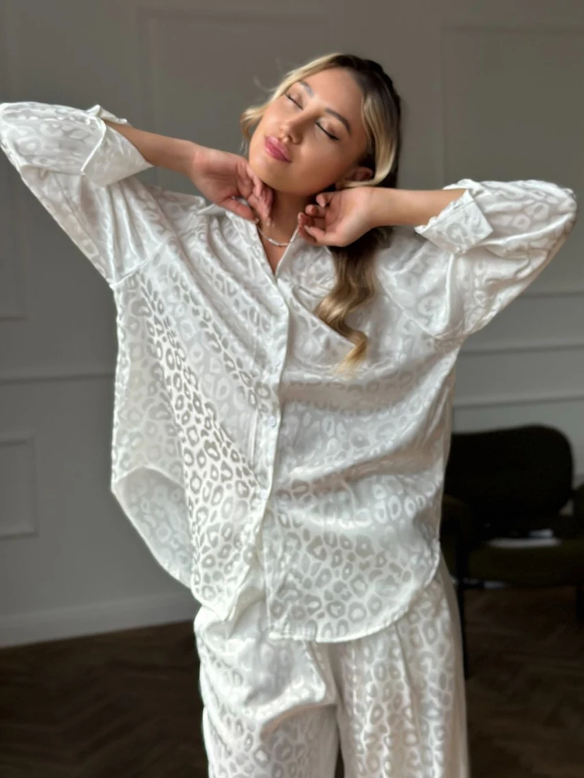 Marthaqiqi Loose Leopard Print Female Sleepwear Suit Long Sleeve Pajamas Turn-Down Collar Nightwear Pants Nightgowns 2 Piece Set