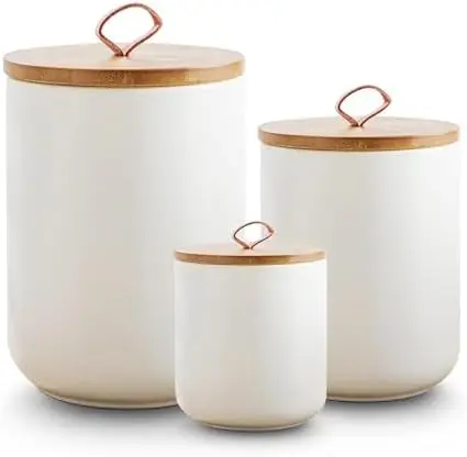 

Sowlvenco 3-Pc White Ceramic Canister Set with Wood Lids – Kitchen Food Storage Jars for Coffee, Tea, Sugar & Spices