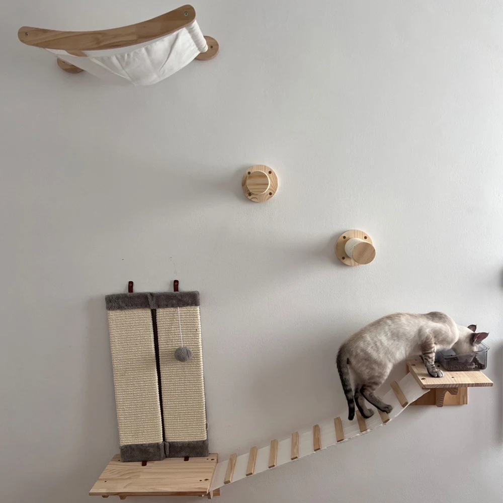 

Cat Wall Furniture Climbing Shelves Cat Hammock Cat Bridge with Wood Stairway Scratching Post for Kitten Sleeping and Playing