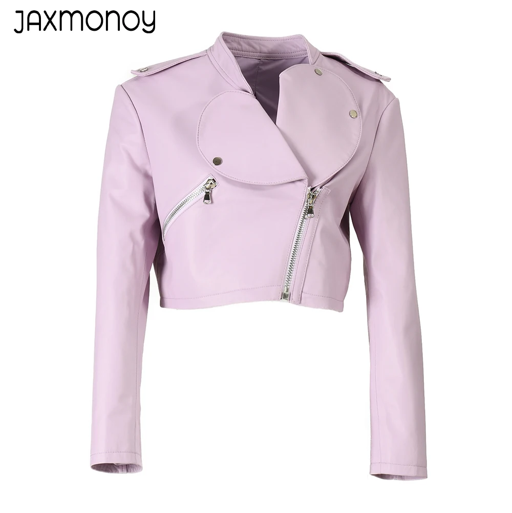 Jaxmonoy-Chaqueta de cuero auténtico con cremallera para mujer, abrigo corto de piel de oveja a la moda para primavera y otoño, novedad de 2023