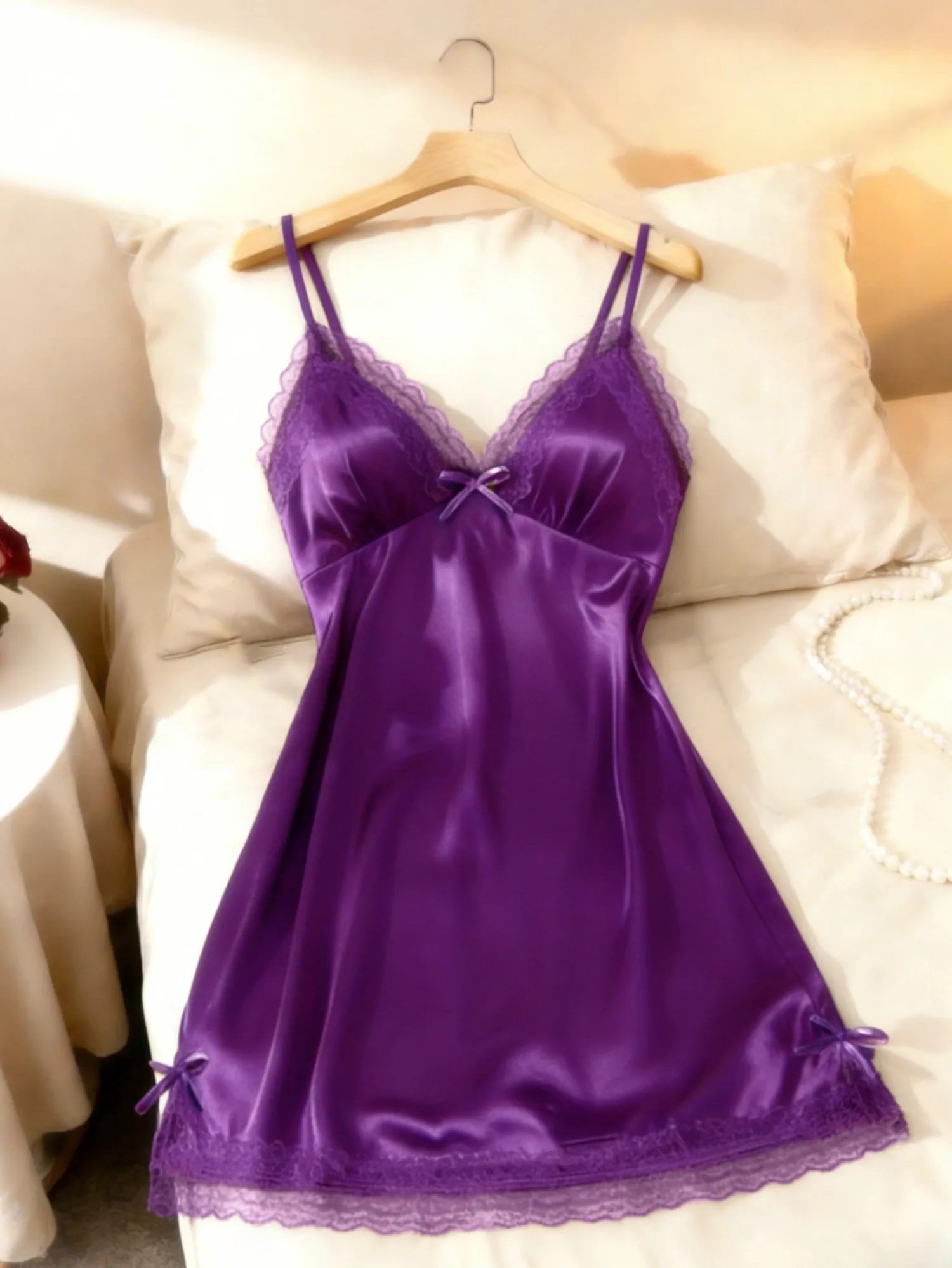 Women Lace Trim Camisole Nightgown V Neck Sleeveless Sleep Dress Soft Solid Color Sleepwear Loungewear Valentine Gift image 5
