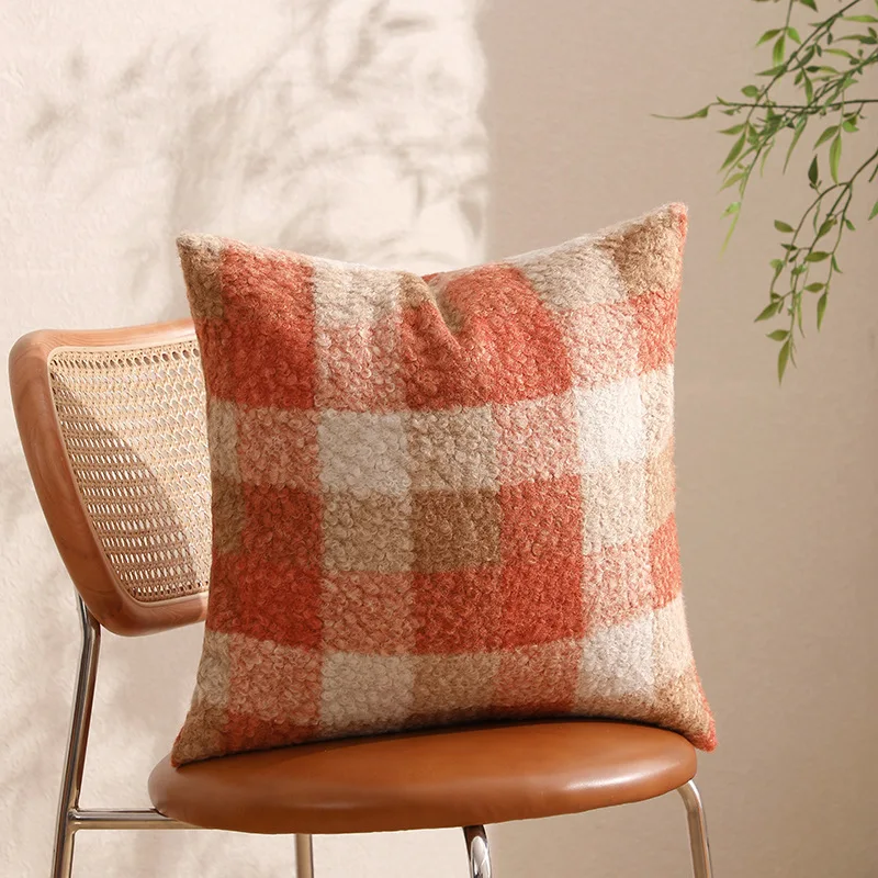 Xuai Warm Orange Brown Plaid Gradient Beach Wool Pillow Cushion Cushion Living Room Pillow Cover