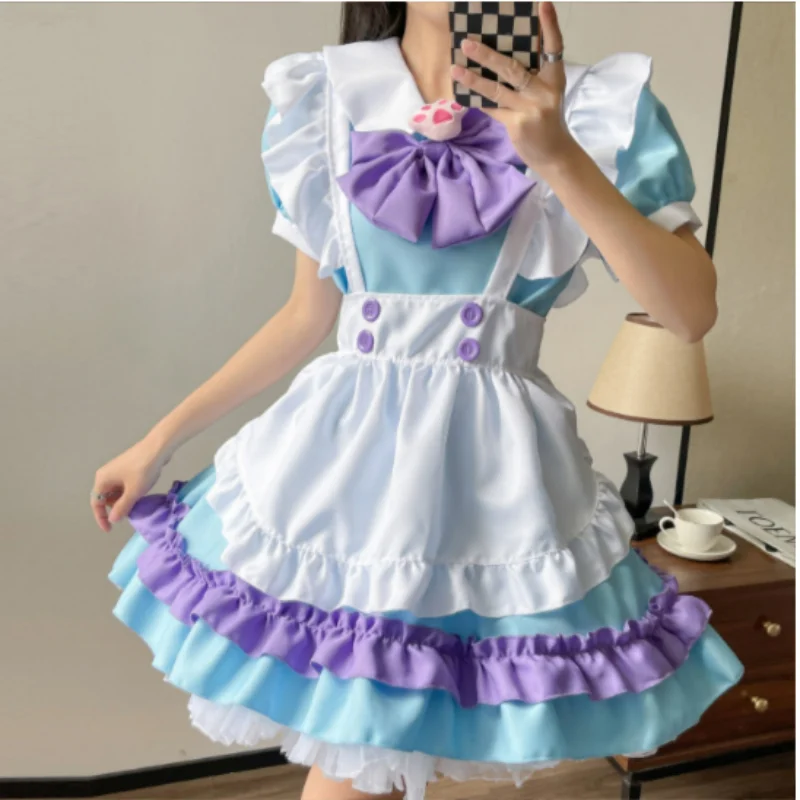 

Women's Powder Blue Maid Outfit Anime Dress Length To Thigh Apron Lolita Polyester Comfortable Cosplay Costume With Big Bow