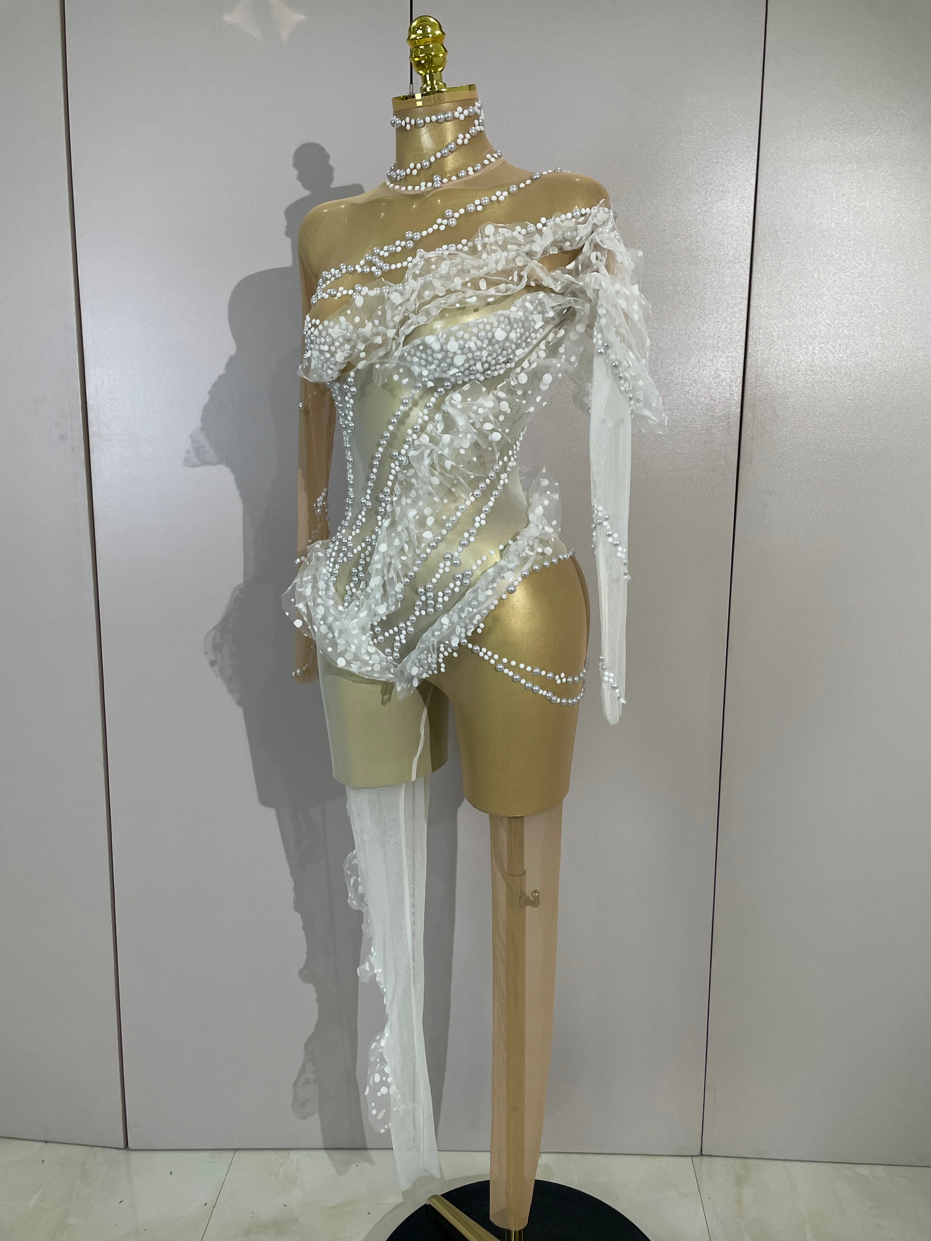 Sexy Mesh See Through Jumpsuit Women Elegant White Pearl Long Sleeves Eveing Birthday Party NightClub Dancer Stage Show Costumes