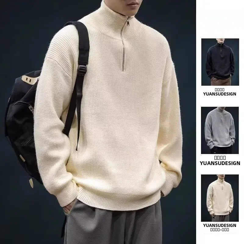 

Laid-ba Sle f-Zip High Collar Loose Knitted Sweater Autumn Winter New Arrival Casual Rabbit Velvet Men's Long Sve Top