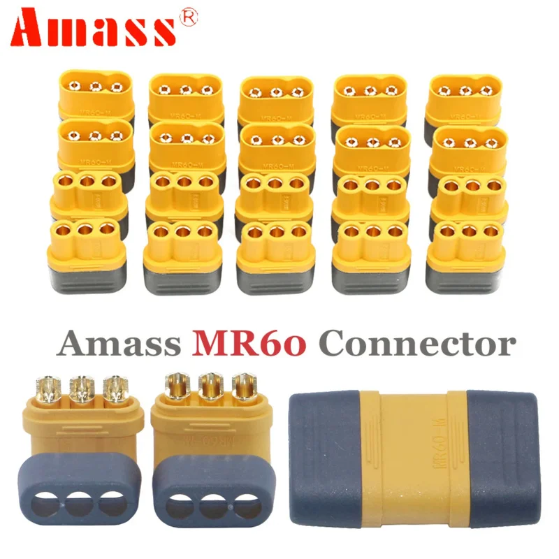 5pair/lot Amass MR60 MR 60 Fireproof Female Male Three-core Connector With Sheath 3.5mm Brass Gold Plated For Lipo ESC RC Model