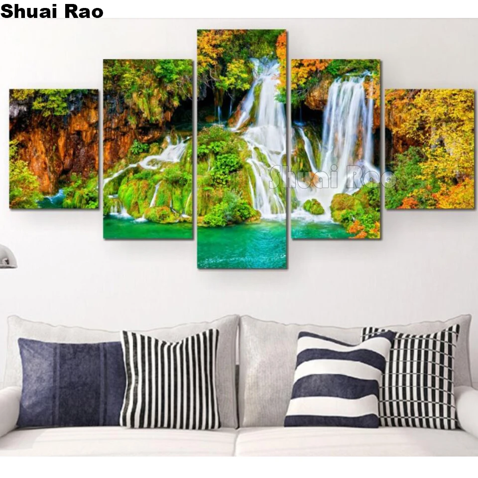 

waterfall 5 Piece handcraft 5d diy diamond painting landscape pattern mosaic embroidery rhinestone art multi panel home decor