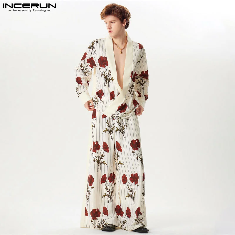 INCERUN Men Sets Flower Printing Loose V Neck Long Sleeve Shirt & Wide Leg Pants 2PCS Streetwear 2024 Fashion Men\'s Casual Suits