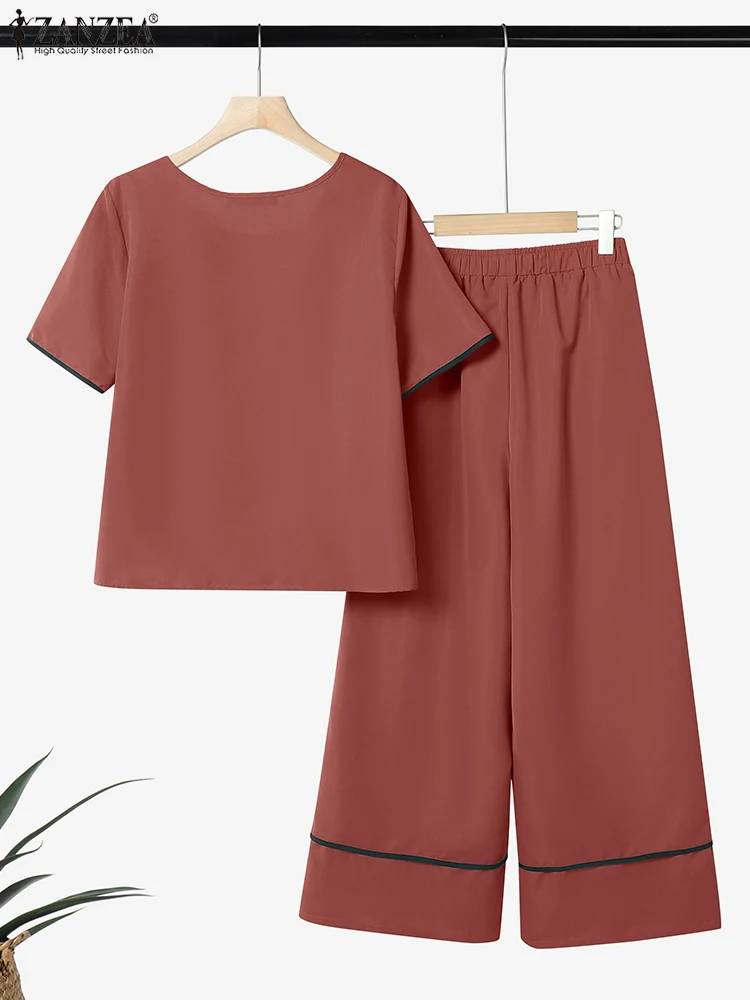 ZANZEA 복장 와이드 레그 팬츠 2pcs 정장 반팔 티셔츠 여성 우아한 캐주얼 바지 세트 Contrast-Piping 2 Piece Sets