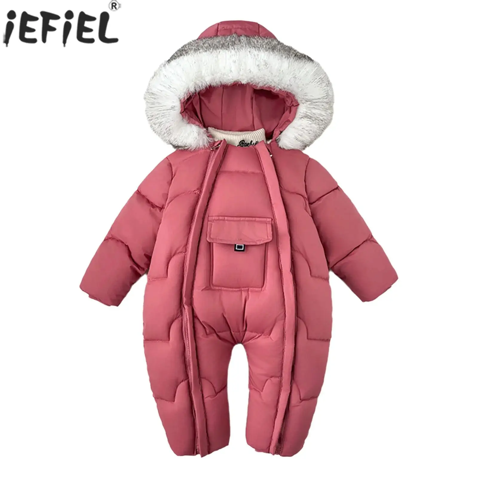 

Unisex Baby Long Sleeve Double Zippers Fleece-Lined Snowsuit Hooded Rompers Winter Warm Thickened Padded Jacket Jumpsuit Coat
