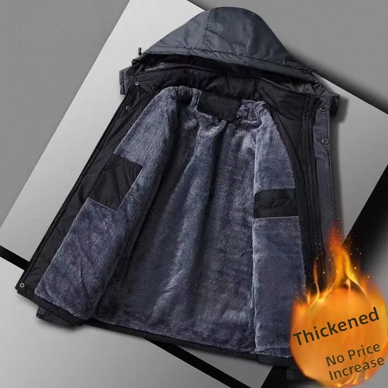 Thickened Fleece Winter Jacket Men's Cotton Workwear Coat Warm Polyester Fiber Hooded Casual Style plus Size Spring Autumn