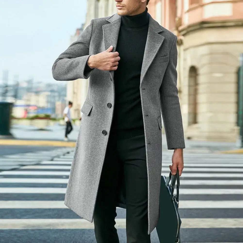 Knee-length Coat Three-button Coat British Style Long Coat for Men Warm Stylish Winter Windbreaker with Turn-down Collar