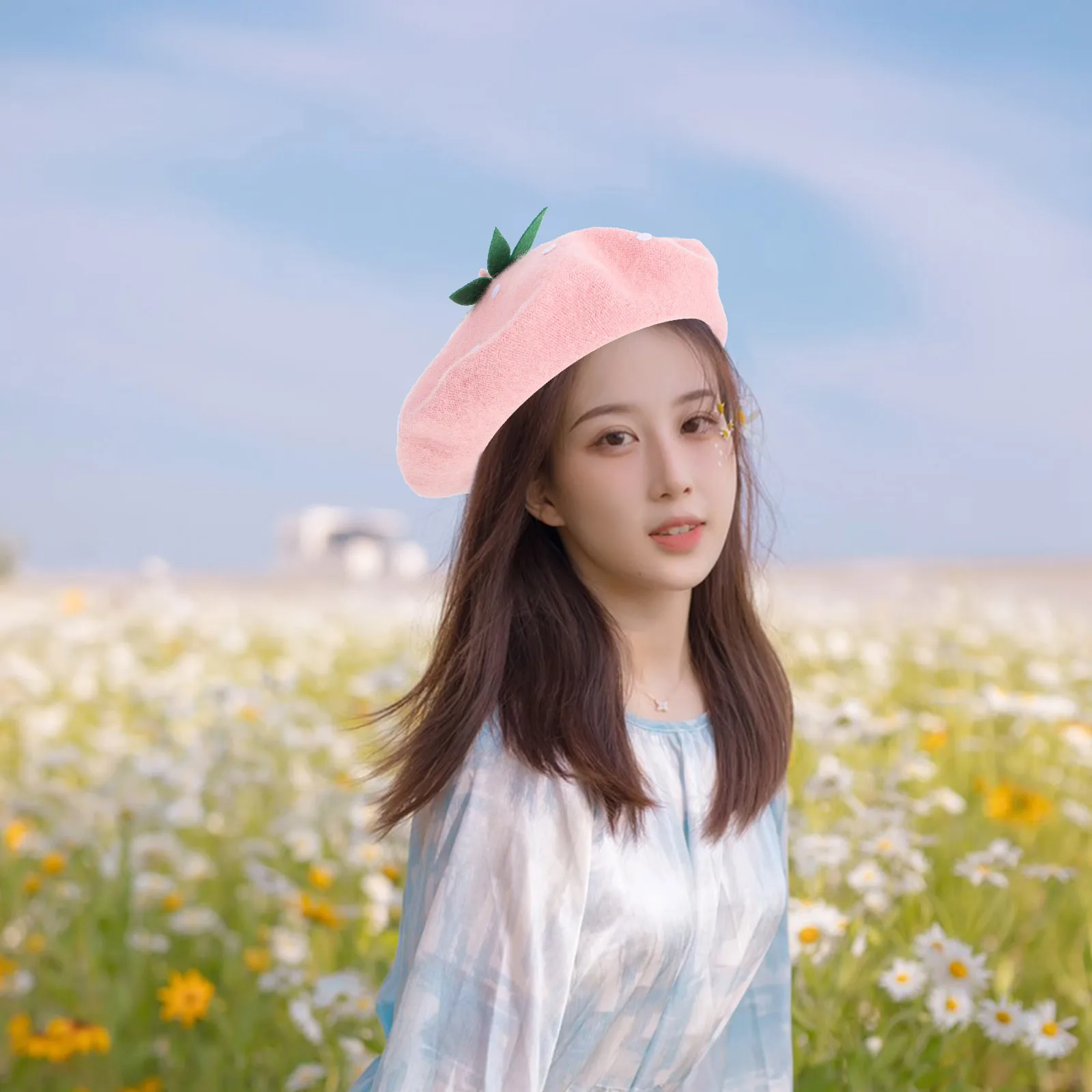 

1pcs Strawberry Beret Pink Wool Hat For Women Cute Faux French Style Cap Kawaii Party Travel Accessory Cosplay Mushroom