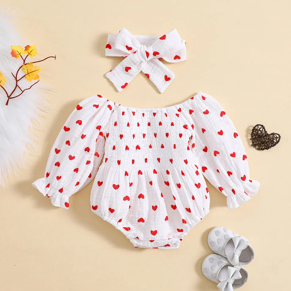 New Baby Girl Valentine's Day Heart Print Romper with Matching Headband Infant Cute and Comfort Clothes Toddler Bodysuit 0-18M